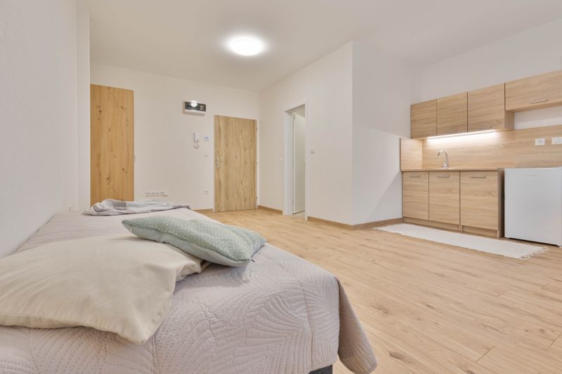Einzimmerwohnung mit Holzboden, Küchenzeile und Bett in hellen Tönen.