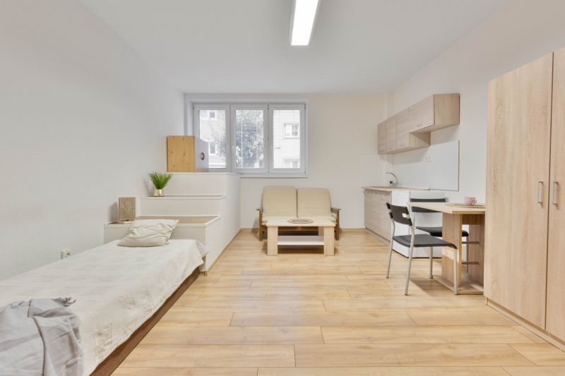 Einzimmerwohnung mit Holzboden, Bett, Kochnische und Möbeln.