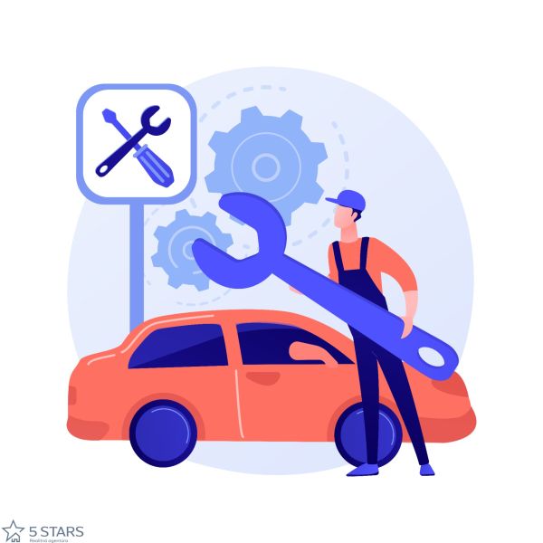 Mechaniker in Overalls mit einem riesigen Schraubenschlüssel am Auto und einer Servicetafel.
