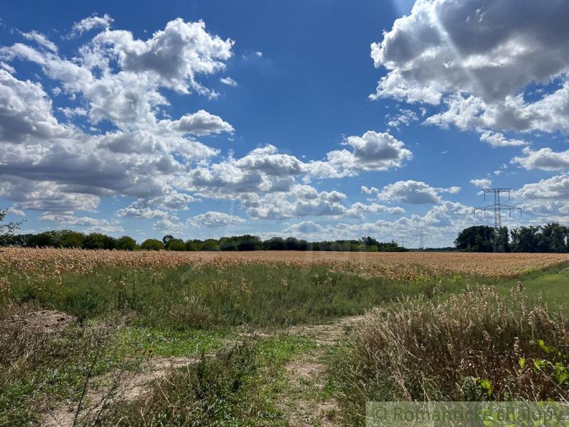 Landwirtschaftliche und forstwirtschaftliche Flächen in Bernolákovo mit blauem Himmel und Wolken, Feldern und Bäumen.