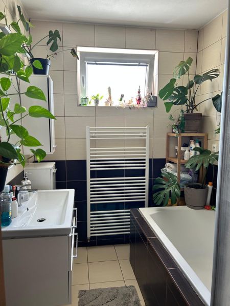 Kúpeľňa v 3-izbovom byte s vaňou, rastlinami a malým oknom.

Badezimmer in einer 3-Zimmer-Wohnung mit Badewanne, Pflanzen und kleinem Fenster.