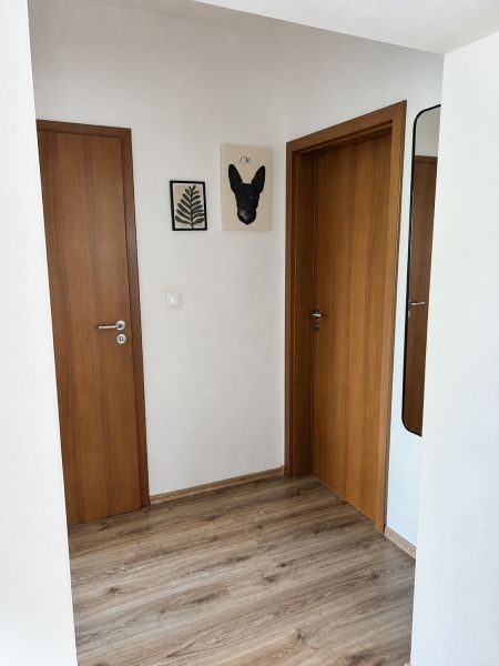 Flur in einer 3-Zimmer-Wohnung mit einem Boden in Holzoptik und Holztüren.