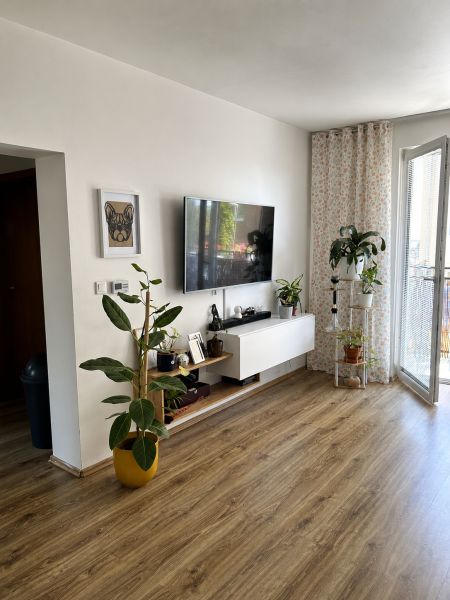 Ein Zimmer in einer 3-Zimmer-Wohnung mit einem Boden in Holzoptik, einem Fernseher und Pflanzen.