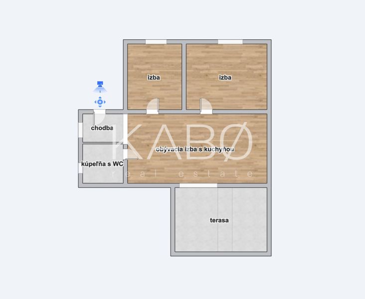 Der Grundriss eines Einfamilienhauses mit Terrasse umfasst zwei Zimmer, ein Badezimmer und eine Küche.