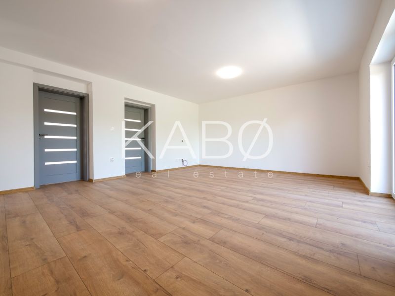 Ein Raum in einem Einfamilienhaus mit einem Boden in Holzoptik und grauen Türen.