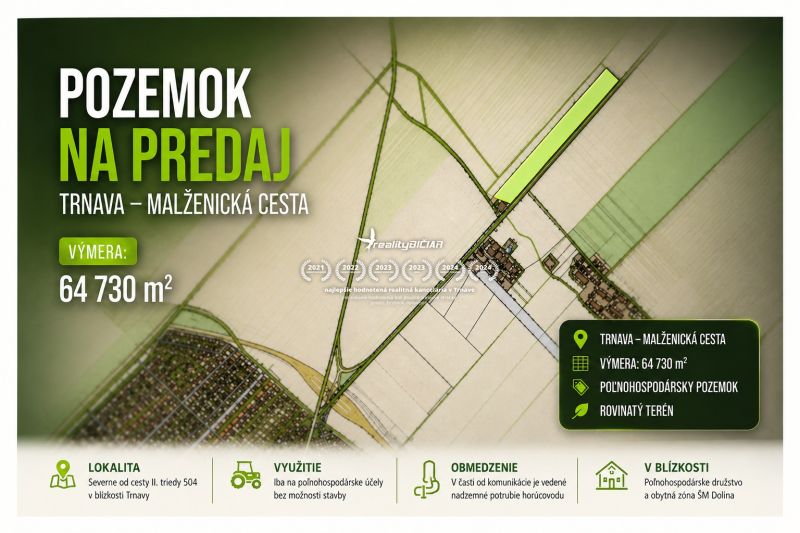 Angebot zum Verkauf von landwirtschaftlichen Grundstücken an der Malženická Straße in Trnava, Fläche 64.730 m².