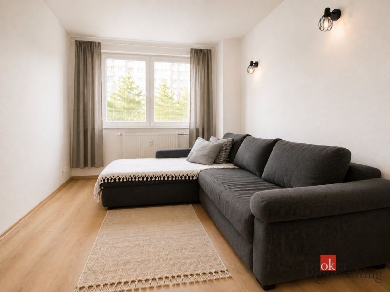 Wohnzimmer in einer 2-Zimmer-Wohnung mit einem bequemen Sofa und einem Boden in Holzoptik.