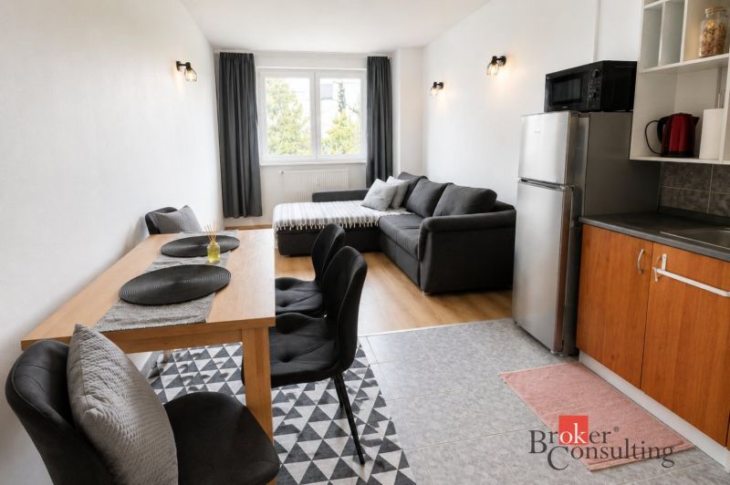 Wohnzimmer in einer Zweizimmerwohnung mit Sofa und Holzboden.