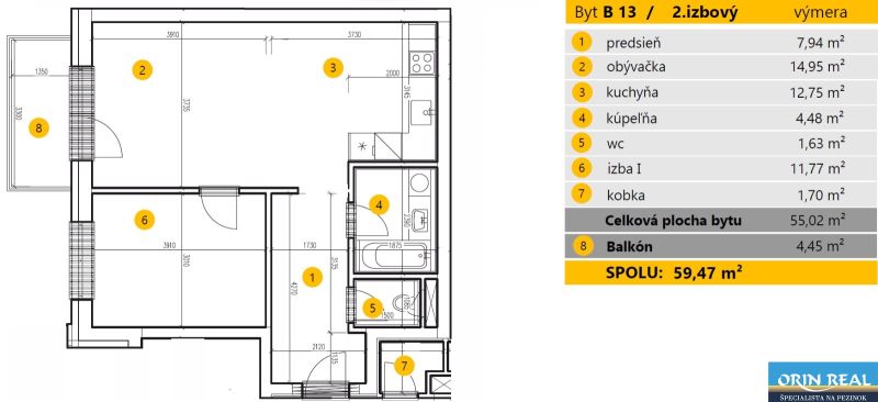 Grundriss einer 2-Zimmer-Wohnung, bestehend aus Küche, Zimmer und Balkon in Mahulanka in Pezinok.