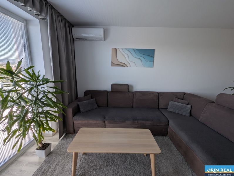 Wohnbereich mit großem Sofa, Couchtisch, Pflanze und Wandklimaanlage in einer 2-Zimmer-Wohnung.