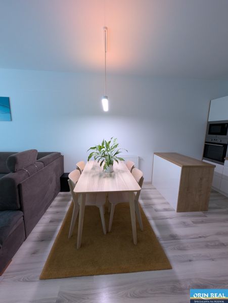 Esszimmer in einer 2-Zimmer-Wohnung mit Esstisch und Boden in Holzoptik.