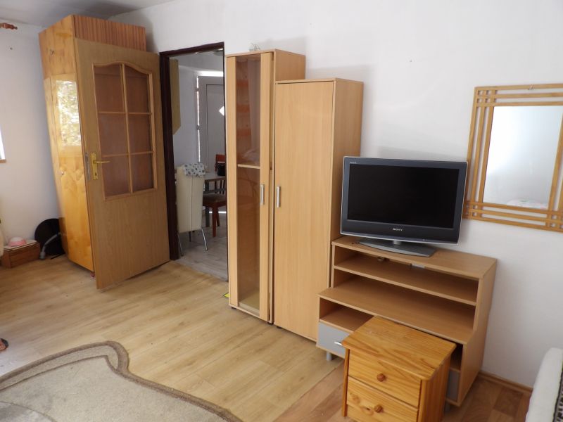 Wohnzimmer in einer 2-Zimmer-Wohnung mit Möbeln und Boden in Holzoptik.
