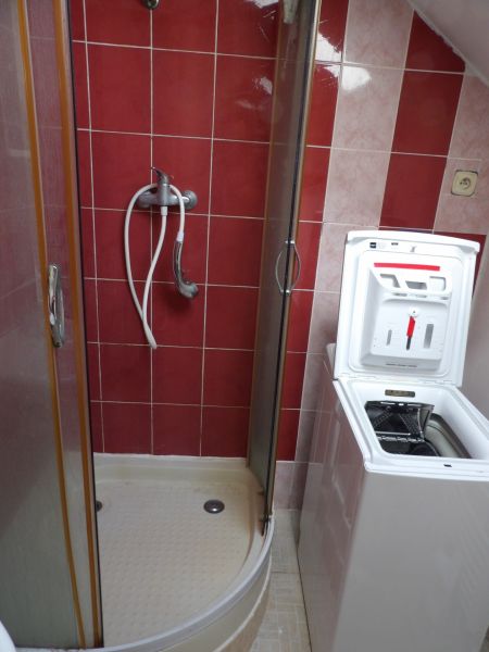 Duschkabine im Badezimmer einer 2-Zimmer-Wohnung, mit einer Waschmaschine platziert.