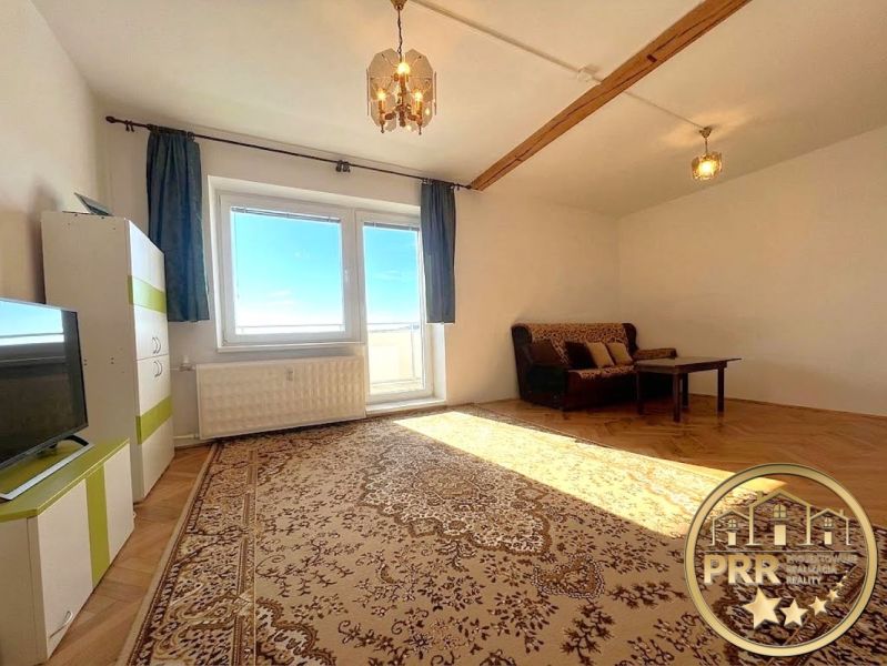 Wohnzimmer in einer 2-Zimmer-Wohnung mit Holzboden und Teppichen.