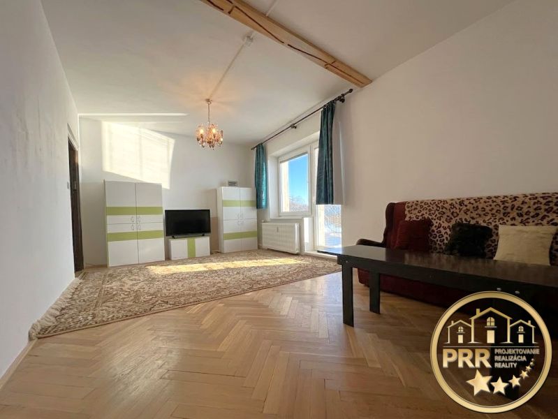 Wohnzimmer in einer Zweizimmerwohnung mit Holzboden und Teppichen.