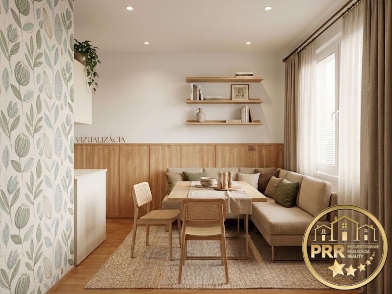 Wohnzimmer in einer 2-Zimmer-Wohnung mit natürlichen Dekorationen und hellen Holzelementen.