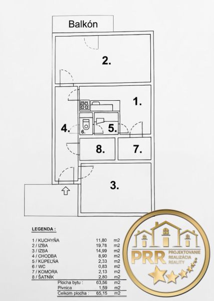 Grundriss einer 2-Zimmer-Wohnung mit Balkon, Küche und Ankleideraum auf 65,15 m².