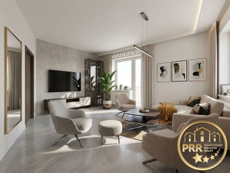 Wohnzimmer in einer 2-Zimmer-Wohnung mit Fernseher, Pflanze und Wandbildern.