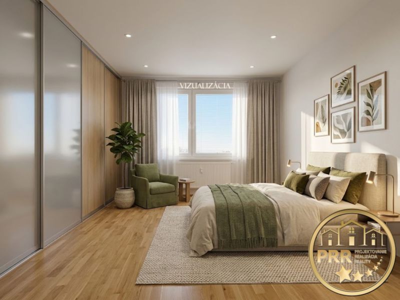Schlafzimmer in einer 2-Zimmer-Wohnung mit Holzboden und einer Pflanze.