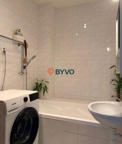 Badezimmer mit Badewanne, Waschmaschine und Pflanzen in einer 2-Zimmer-Wohnung.