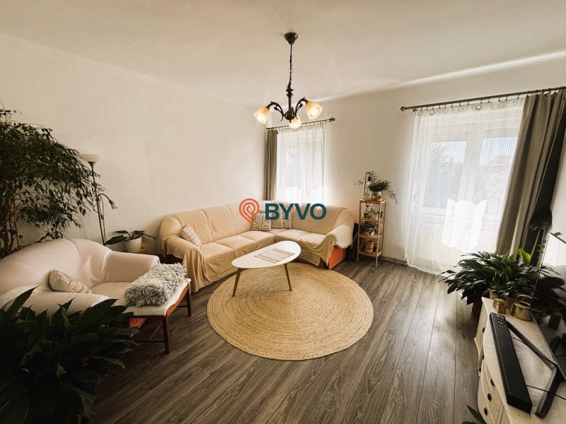 Helles Wohnzimmer in einer 2-Zimmer-Wohnung mit Holzboden.
