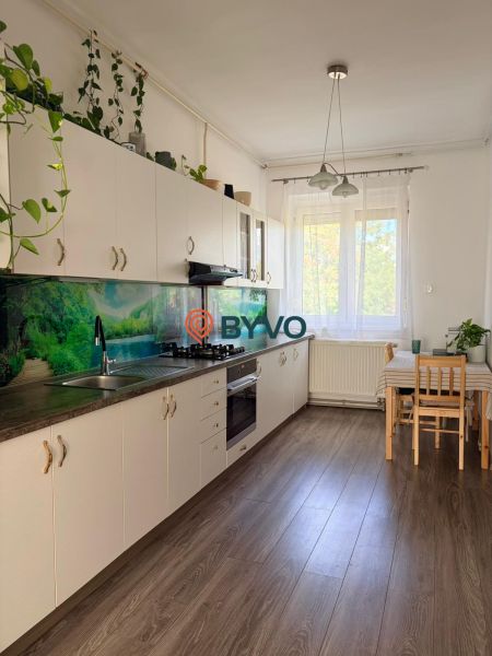 Helle Küche einer 2-Zimmer-Wohnung mit Holzboden und Pflanzen.