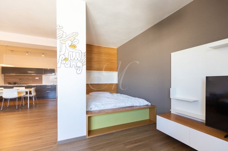 1-Zimmer-Wohnung mit Holzboden, Küche und Bett.