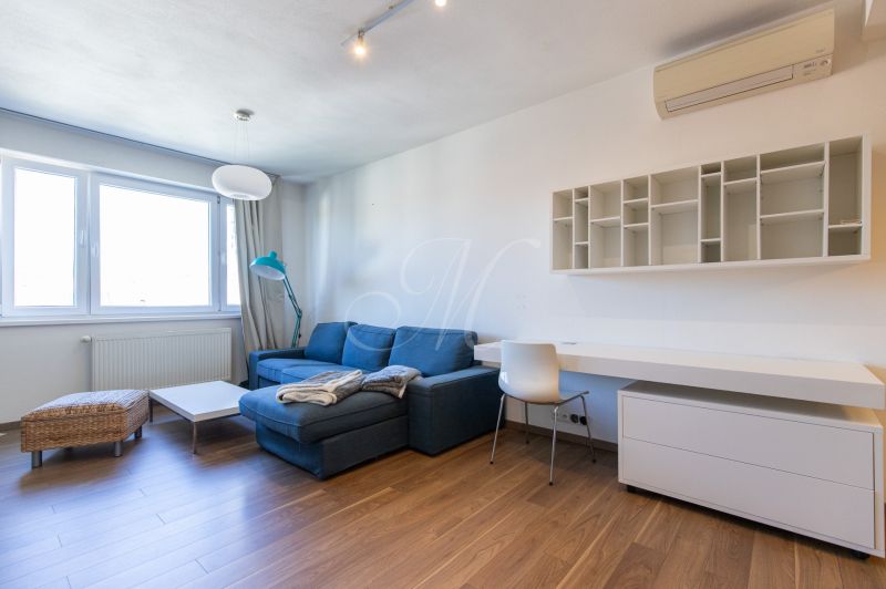 Wohnzimmer mit blauem Sofa, Tisch und Holzboden in einer Einzimmerwohnung.