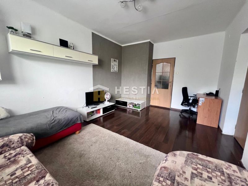 Wohnzimmer in einer Zweizimmerwohnung mit Holzboden und Arbeitsecke.