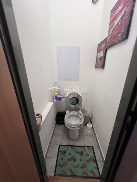 Toilette in einer 2-Zimmer-Wohnung mit gemustertem Teppich und Wanddekoration.