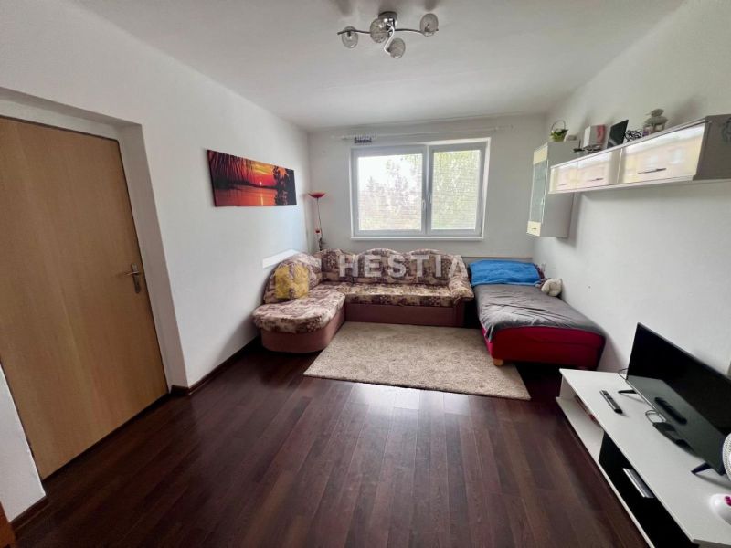Wohnzimmer in einer 2-Zimmer-Wohnung mit komfortablem Sofa und Holzboden.