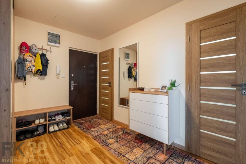 Eingangsbereich in einer 3-Zimmer-Wohnung mit einem Boden in Holzoptik und einem bunten Teppich.