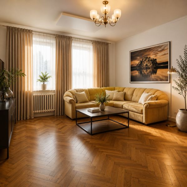 Wohnzimmer in einem Einfamilienhaus mit einem bequemen Sofa und einem Boden in Holzoptik.