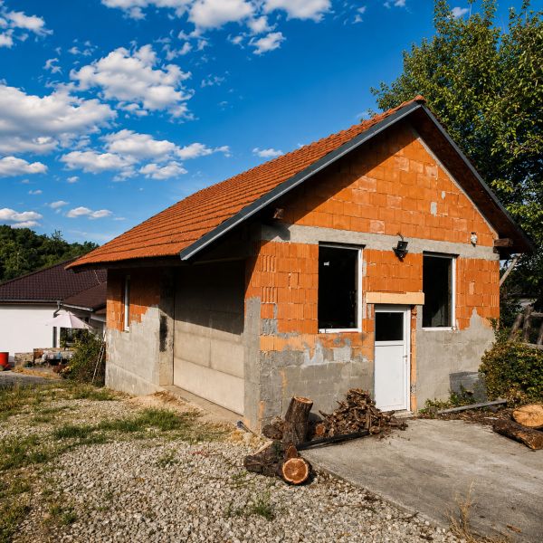 Ein Einfamilienhaus in Šalgočka mit einer unverputzten Ziegelfassade und einem schrägen Dach.