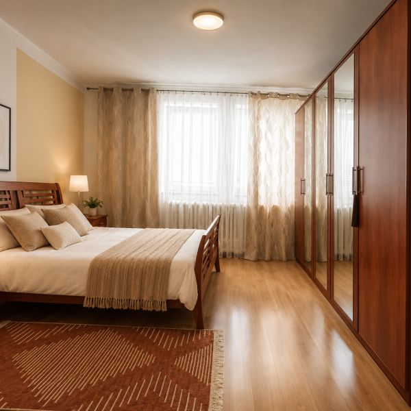 Schlafzimmer im Einfamilienhaus mit Holzmöbeln und Bodenbelag in Holzoptik.
