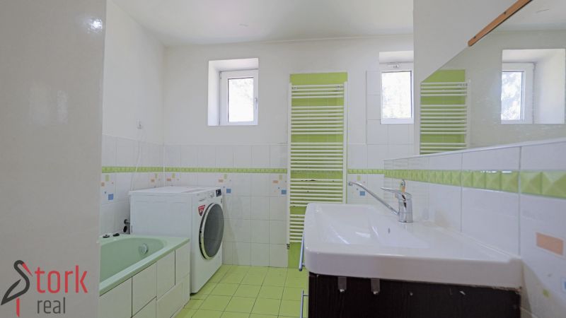 Badezimmer in einem Einfamilienhaus mit Badewanne, Waschmaschine und Waschbecken in Weiß- und Grüntönen.