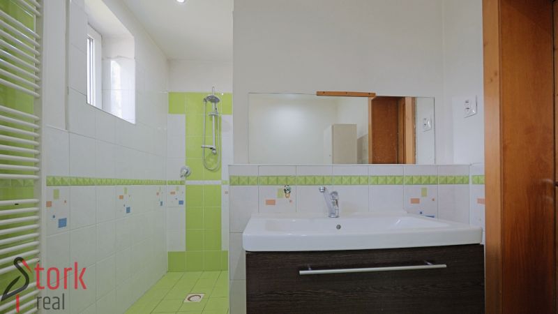 Badezimmer mit Dusche und grünen Fliesen in einem Einfamilienhaus.
