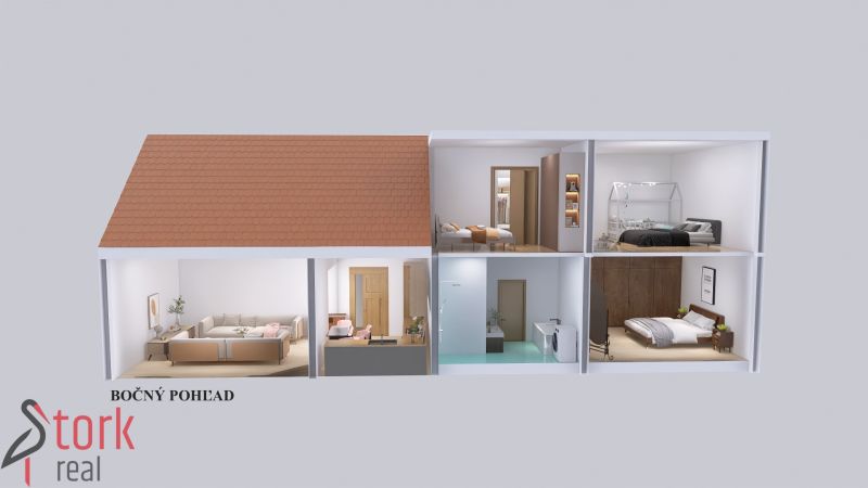 Ein Schnitt durch ein Einfamilienhaus mit Wohnzimmer, Küche und Schlafzimmern.