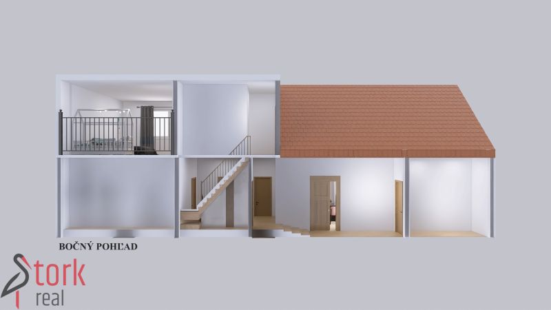 Querschnitt eines Einfamilienhauses mit sichtbarer Treppe und Raumaufteilung.