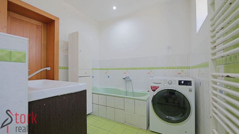 Badezimmer in einem Einfamilienhaus mit grünen Fliesen, einer Badewanne und einer Waschmaschine.