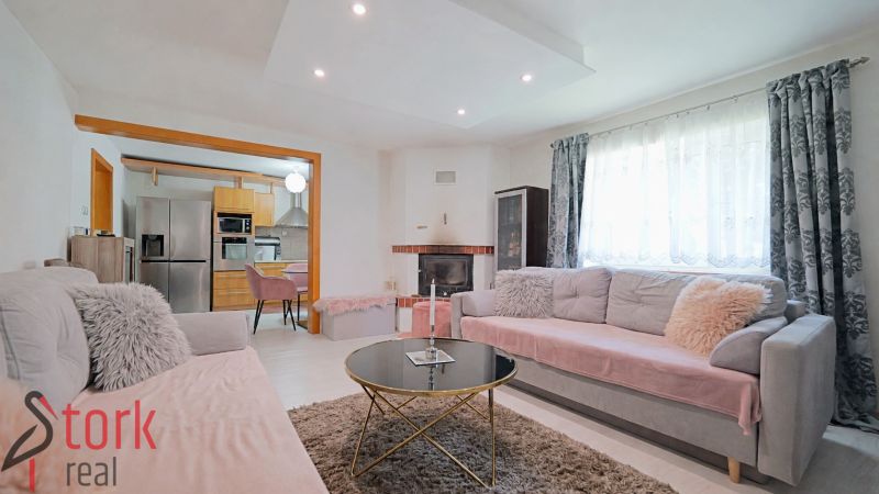 Wohnzimmer mit bequemen Sofas, Kamin und Blick in die Küche in einem Einfamilienhaus.