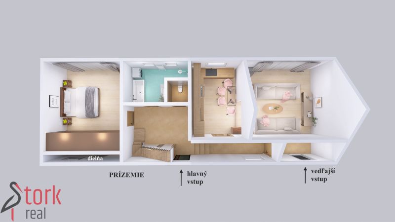 Grundriss des Erdgeschosses eines Einfamilienhauses mit Schlafzimmer, Badezimmer und Küche mit Wohnbereich.