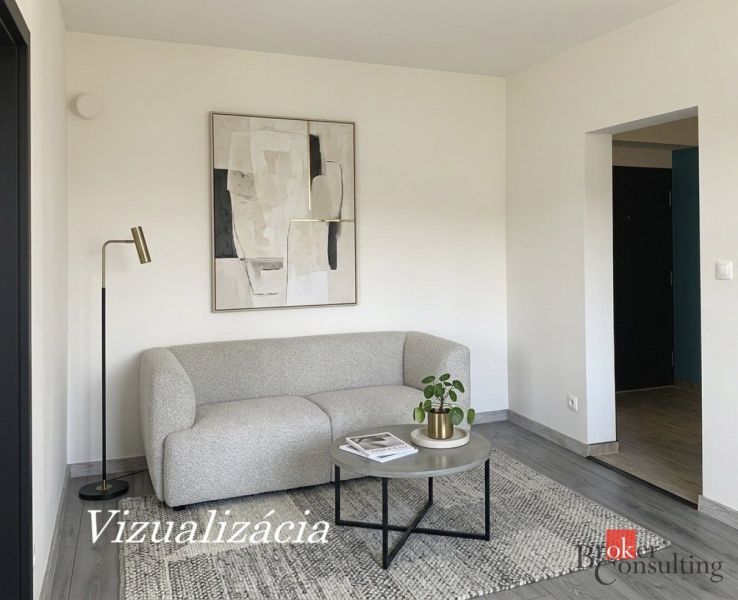 Ein Zimmer in einer Einzimmerwohnung mit einem Sofa, einem Bild und einem Boden in Holzoptik.