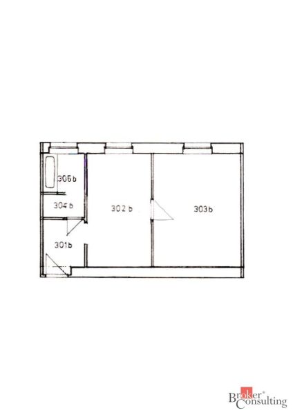 Grundriss einer 1-Zimmer-Wohnung mit separaten Räumen und einem Eingangsflur.