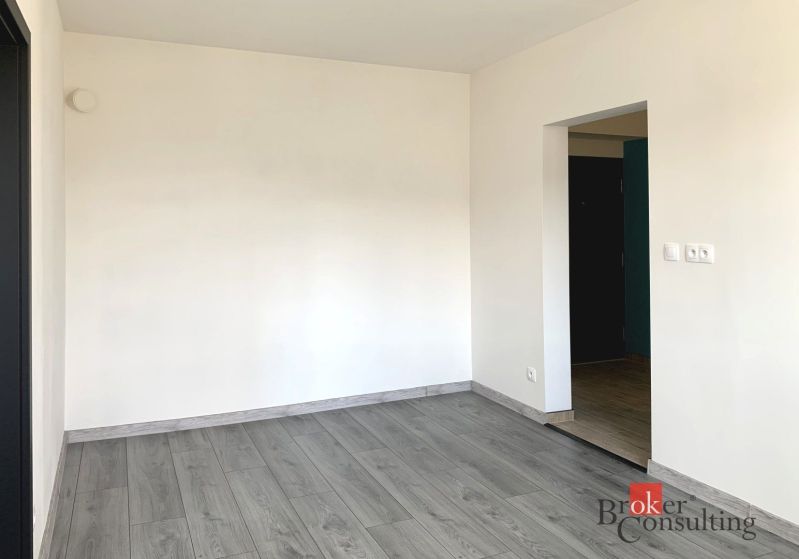 Ein leerer Raum in einer Einzimmerwohnung mit einem Boden in Holzoptik.