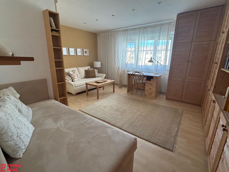 Wohnzimmer in einer Einzimmerwohnung mit Holzboden, weißem Sofa und Schreibtisch.