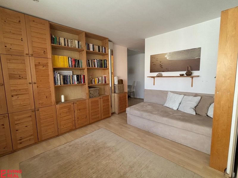 Wohnzimmer in einer Einzimmerwohnung mit Bibliothek und Sofa, Boden mit Holzdekor.