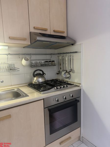 Küche in einer Einzimmerwohnung mit Gasherd und Schränken in hellem Dekor.