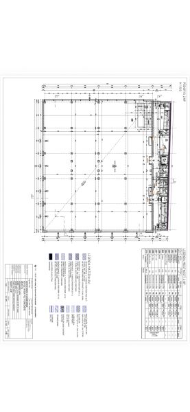 Architektonisches Schema von Geschäftsräumen mit Materiallegende und technischen Spezifikationen.