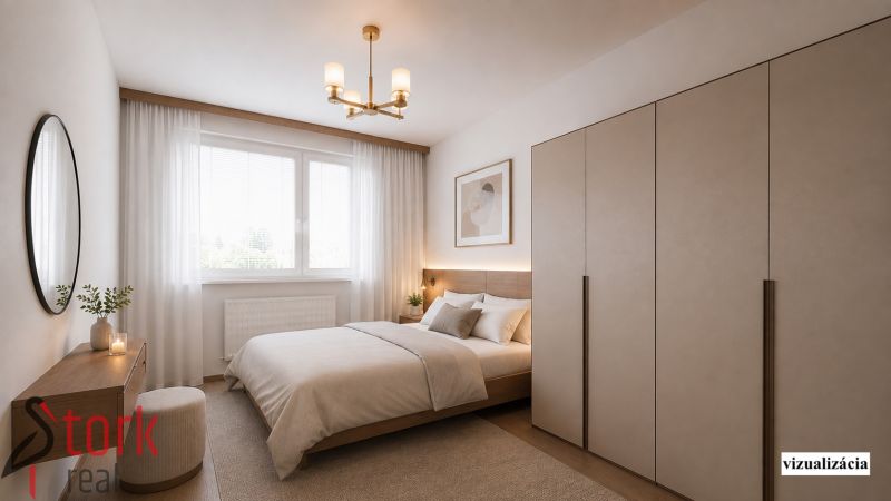 Schlafzimmer mit Bett, Kleiderschrank und Boden mit Holzdekor in einer Zweizimmerwohnung.